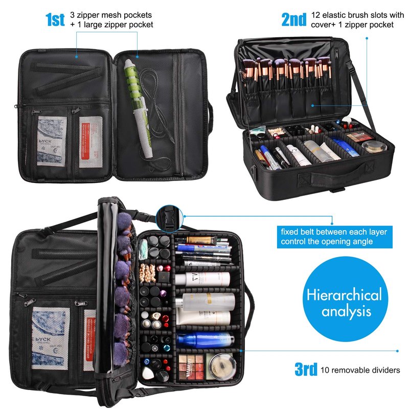 Relavel Travel Makeup Train Case Cosmetic Case Organizer Portable Artist Storage Bag with Adjustable Dividers for Cosmetics Makeup Brushes Toiletry Jewelry Digital Accessories