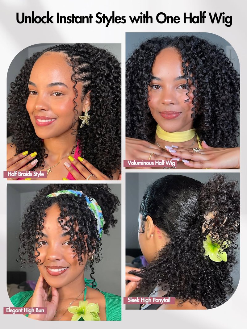 quickwig Curly Half Wig Water Wave Glueless Wigs 3 In 1 Seamless Short Half Wigs for Black Women Kinky Curly Half Wig Wear and Go Beginner Friendly Synthetic Headband Wig 16 Inch Black Color