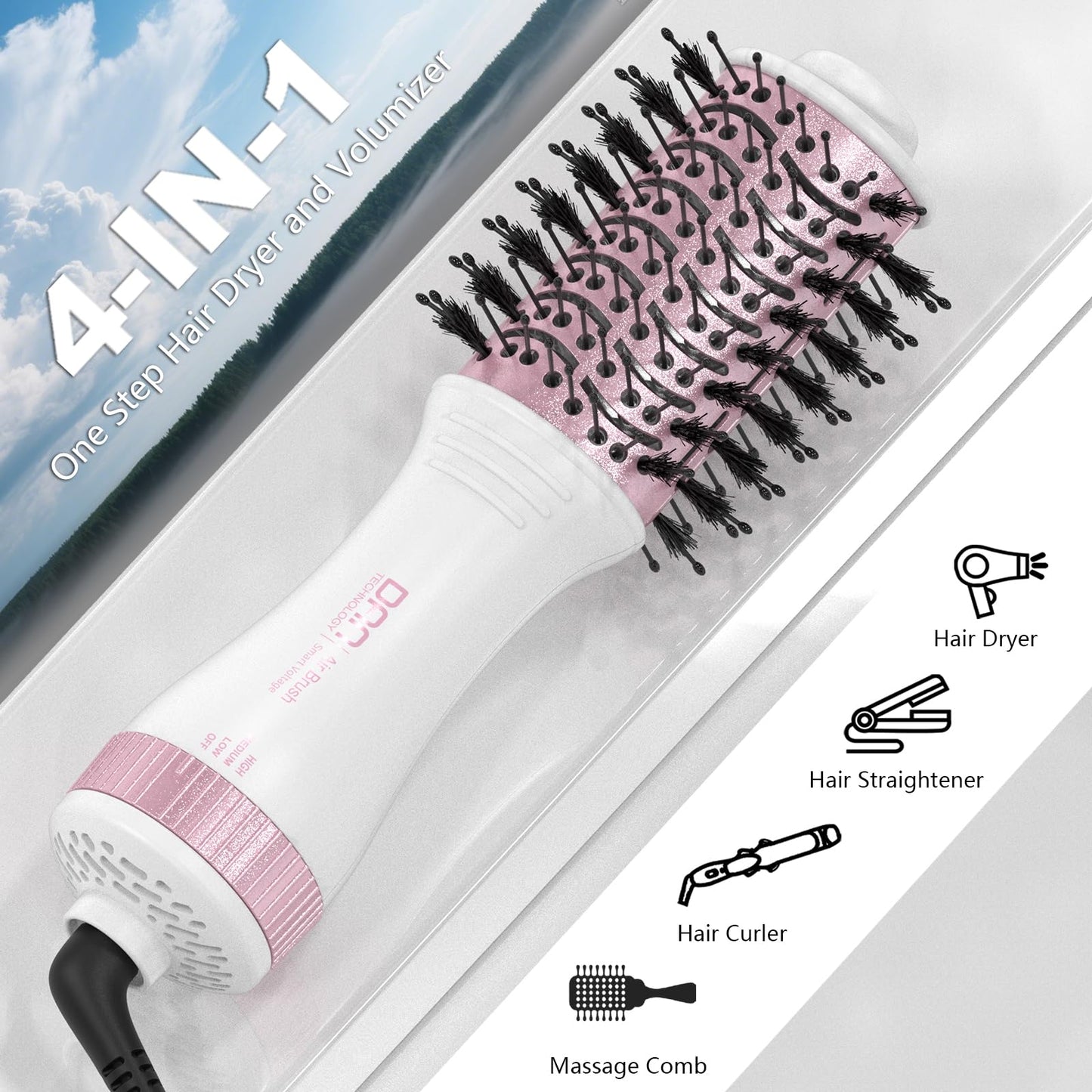 DAN Auto Dual Voltage Hair Dryer Brush(100V-240V),Travel Hair Dryer Brush with Multi-Function Plug Adapter,One Step Blow Dryer Brush and Styler Volumizer