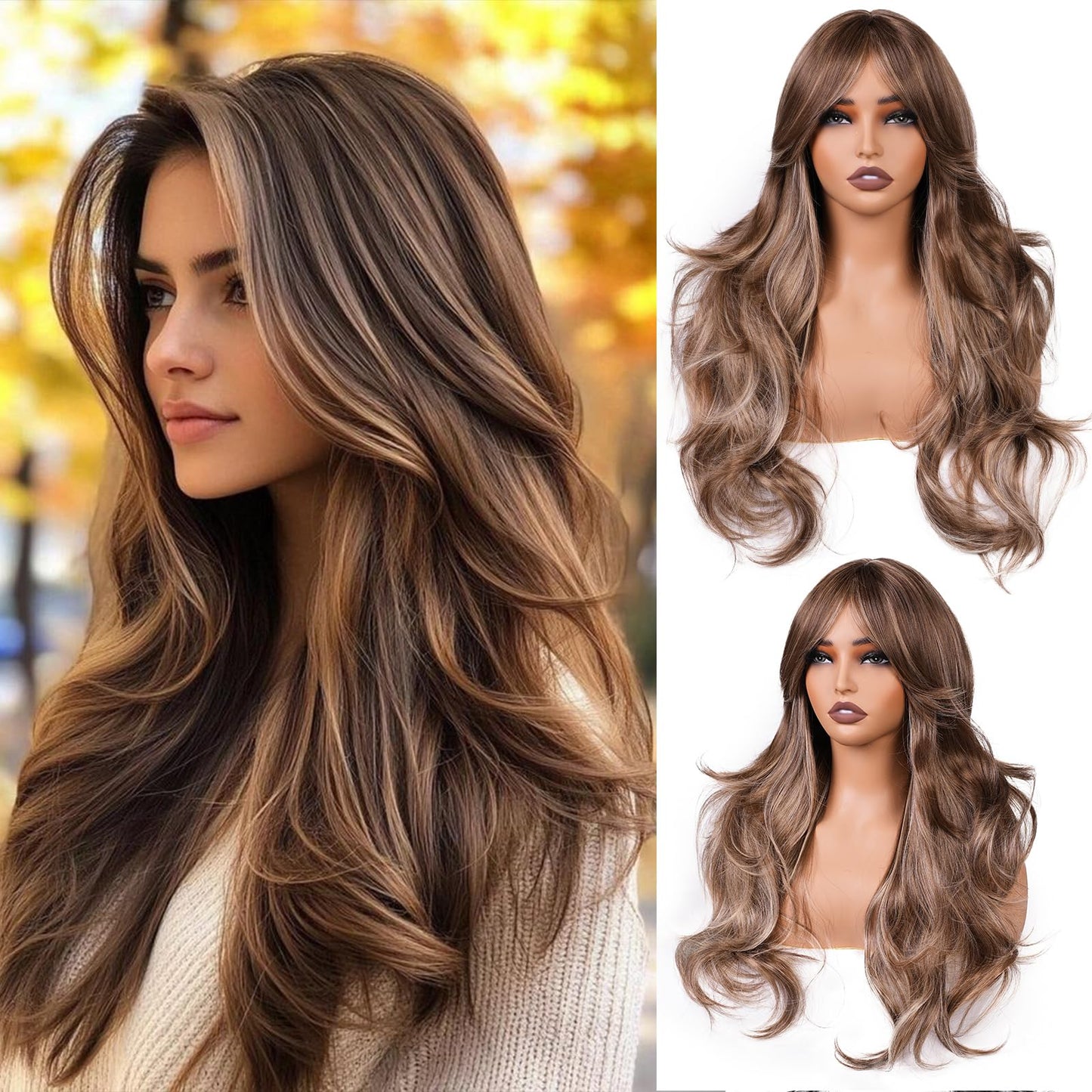 Light Brown With Curtain Bangs Wigs for Women 26inch Long Brown Mixed Blonde Layered Wig with Dark Roots Middle Parting Synthetic Hair Natural Looking for Daily Party Use(Highlight Brown)