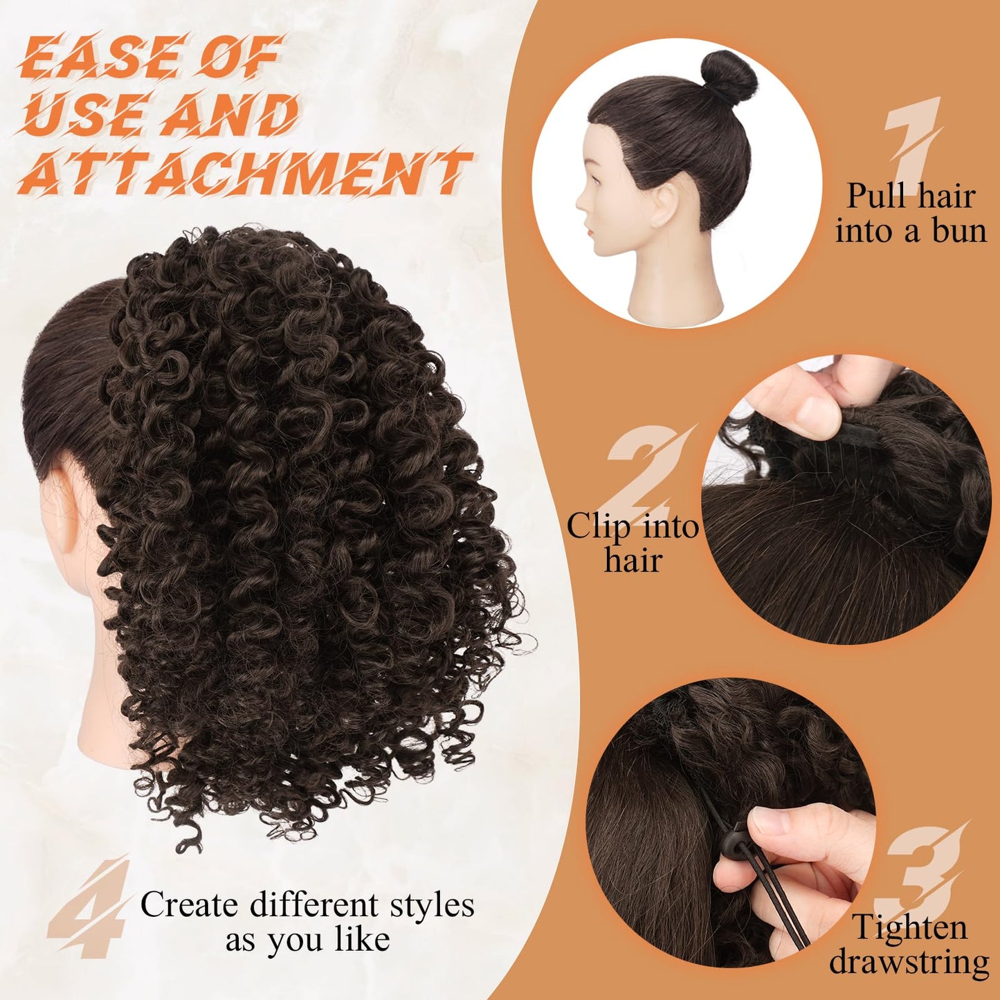 PEACOCO Curly Drawstring Ponytail for Black Women, 10 Inch Kinky Curly Ponytail Extension Synthetic Short Afro Puff Ponytail Hairpieces (1B/30)
