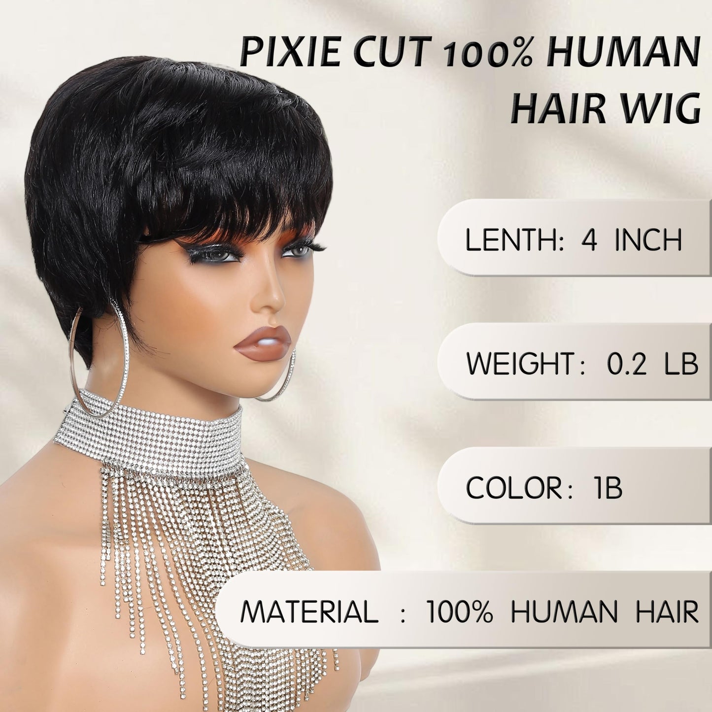 beauty proya Pixie Cut Human Hair Wigs for Black Women Short Layered Pixie Wigs with Bangs Natural Black 4" Brazilian Virgin Straight 100% Human Hair Wear and Go