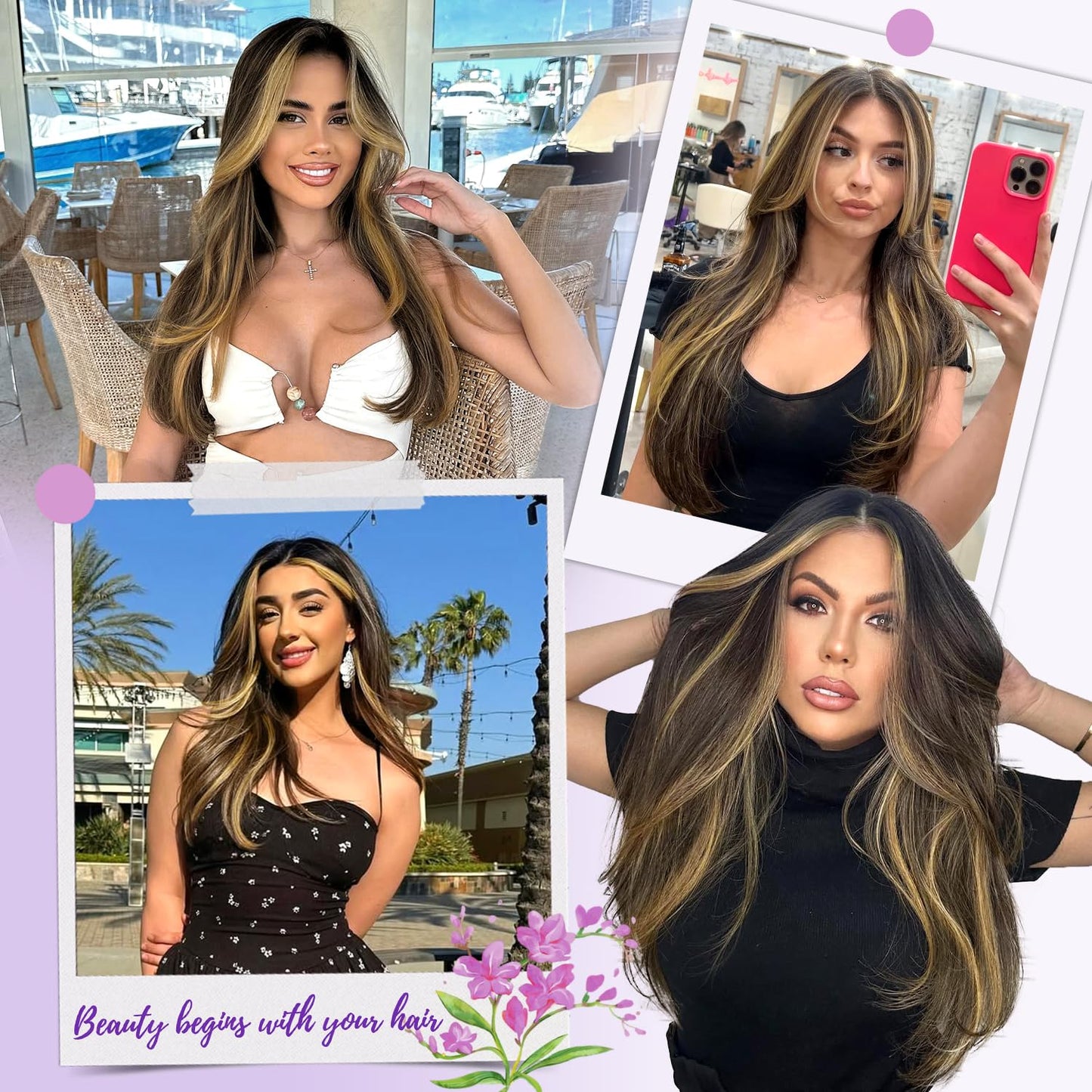 Eawwii Ombre Light Brown With Blonde Glueless Wigs for Women Pre Cut Synthetic Lace Hairline Long Layered Straight Hairstyle 26 Inch