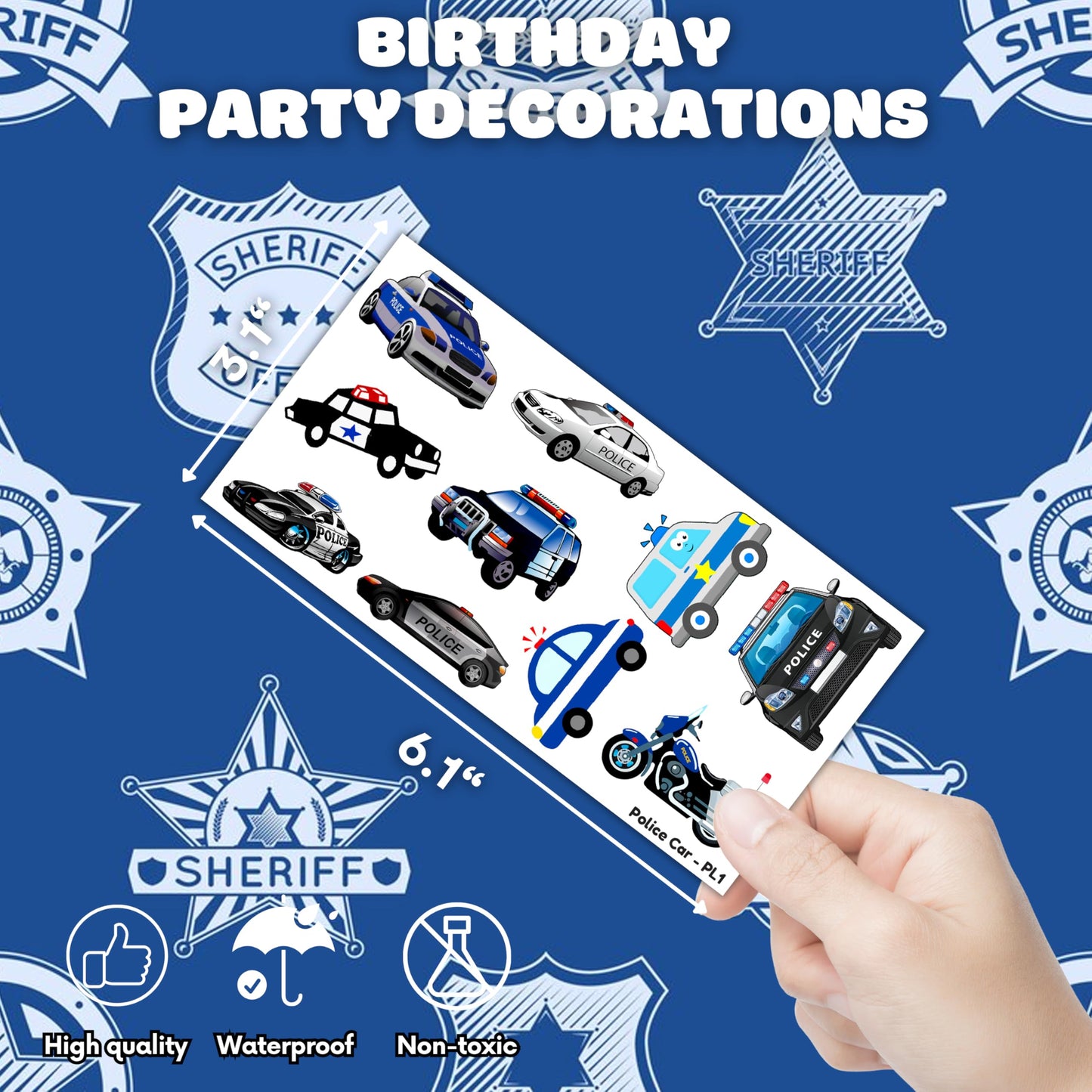 107 PCS Police Car Party Favors Temporary Tattoos Themed Decorations Décor police birthday party supplies Officer Policeman Blue Tattoo Stickers Gifts For Boys Girls Class Prizes Rewards Cartoon