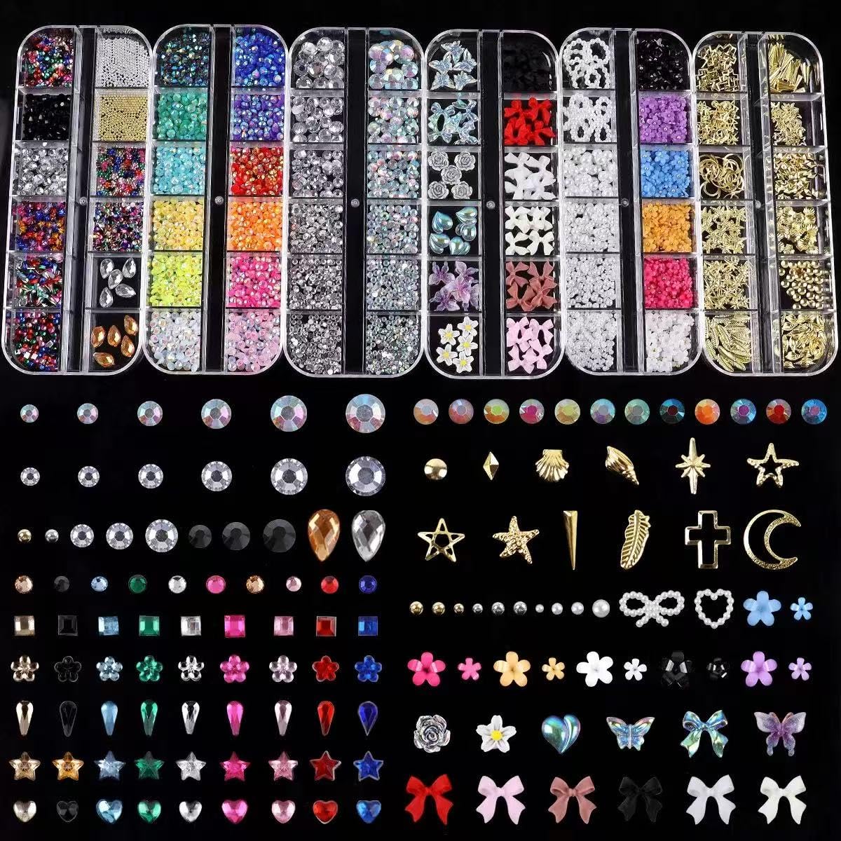 6 Box Nail Charms and Gems, Fruit Bow Hawaii Flowers Petals 3D Nail Art Charms and Flower Nail Art Stickers, Charms Y2K for Nails, Colorful Bubble Beads Nail Rhinestones