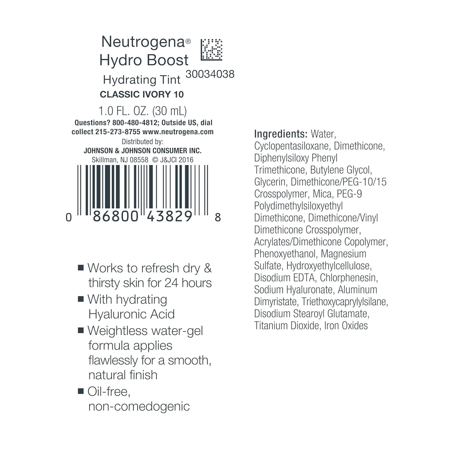 Neutrogena Hydro Boost Hydrating Tint Foundation - Lightweight Oil-Free Makeup with Hyaluronic Acid | 10 Classic Ivory, 1.0 fl. oz
