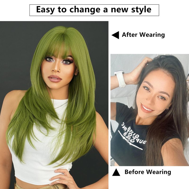 7JHH WIGS Long Straight Green Synthetic Wig with Bangs 25inch Layered Straight Middle Length Heart Resistant Synthetic Fiber Wig Natural Looking Wigs for Women Party Cospaly Wig and Daily Used