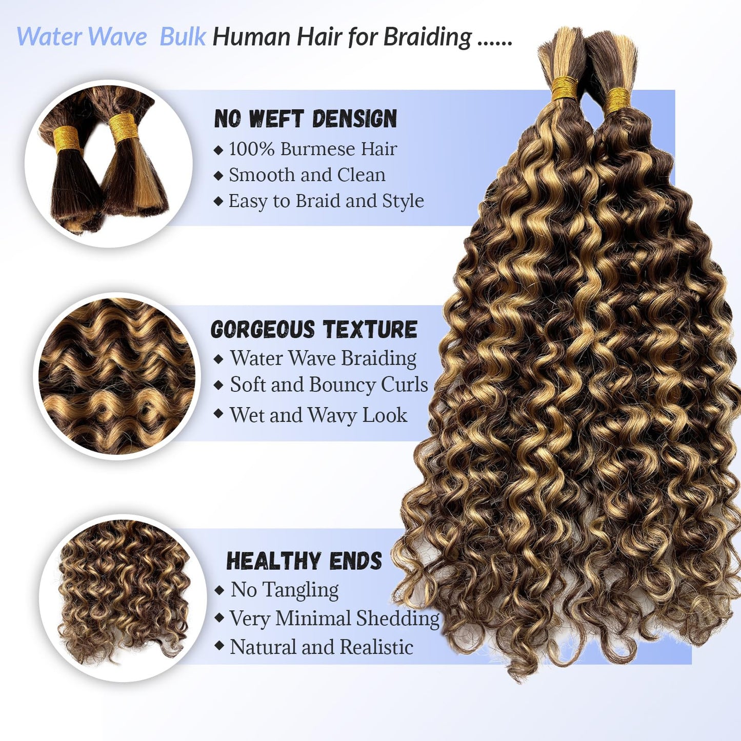 Licoville Boho Human Hair for Braiding 4/27 Water Wave Human Bulk Hair Brown Blonde Braiding Wet and Wavy Bundles No Weft 100% Curly Human Hair for Boho Braids Knotless Smooth Hair 16 Inch 100G