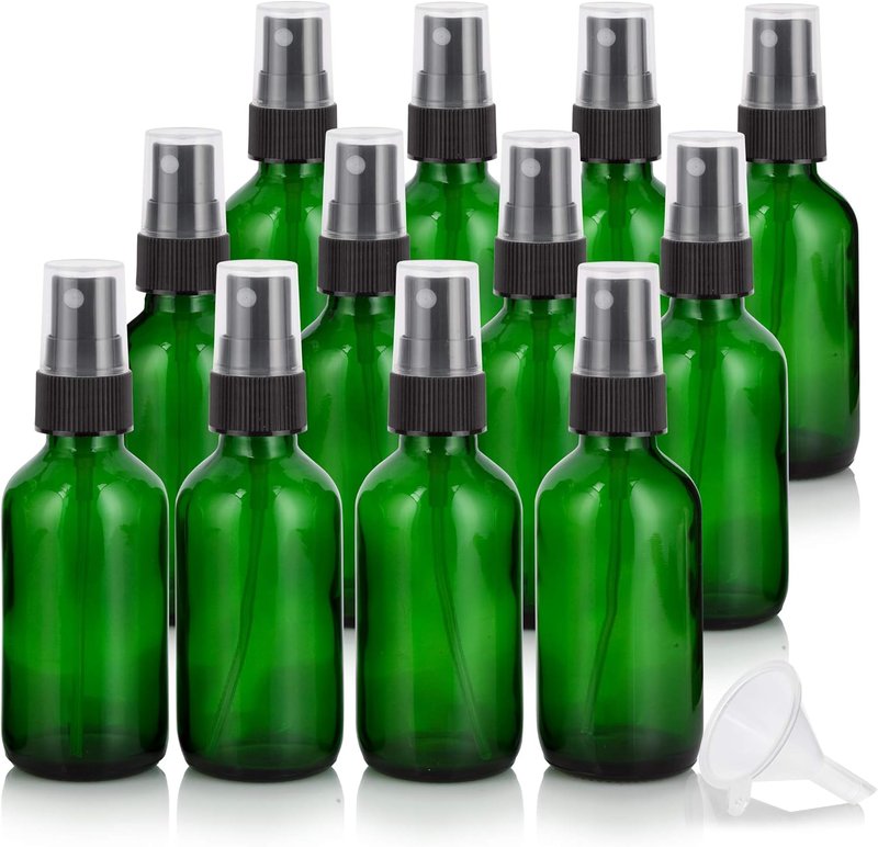 JUVITUS Green Glass Boston Round Spray Bottles - 2 oz Fine Mist | 12 Pack with Funnel