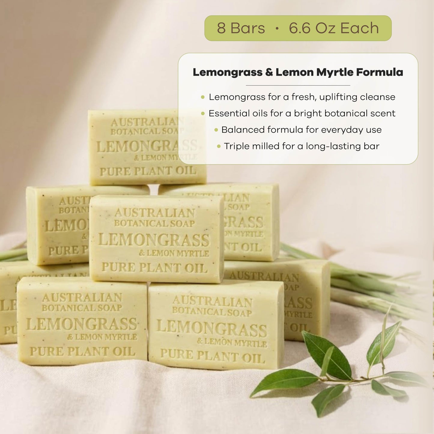 Australian Botanical Soap, 6.6 OZ, Lemongrass and Lemon Myrtle, Triple Milled Bars made with a Natural Soap Base and Enriched with Organic Shea Butter, Pack of 8