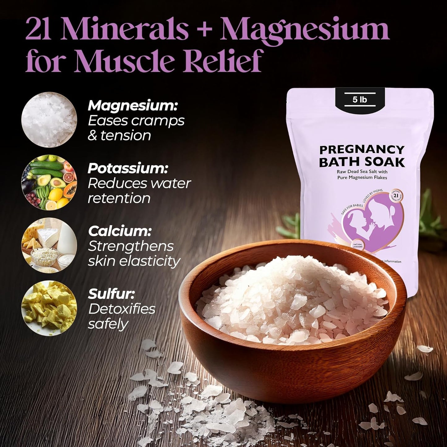 Aromasong Dead Sea Pregnancy Bath Soak - Natural Lavender Magnesium Flakes for Muscle Relief | 5 LB