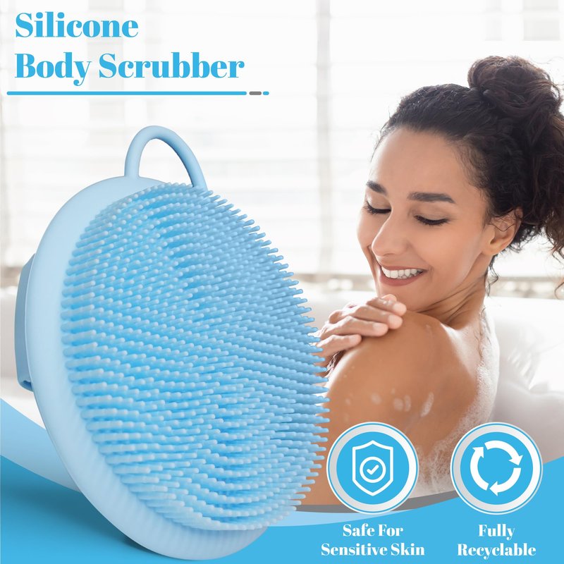 Blessence Body Silicone Scrubber - Blue Exfoliating Body Scrubber with Handle, Shower Brush & Bath Sponges for Personal Care