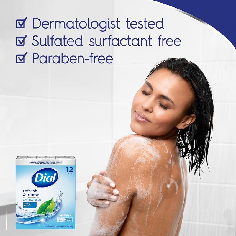 Dial Deodorant Bar Soap - Spring Water, Deep Cleansing & Gentle | 12 Count, 4 oz Each