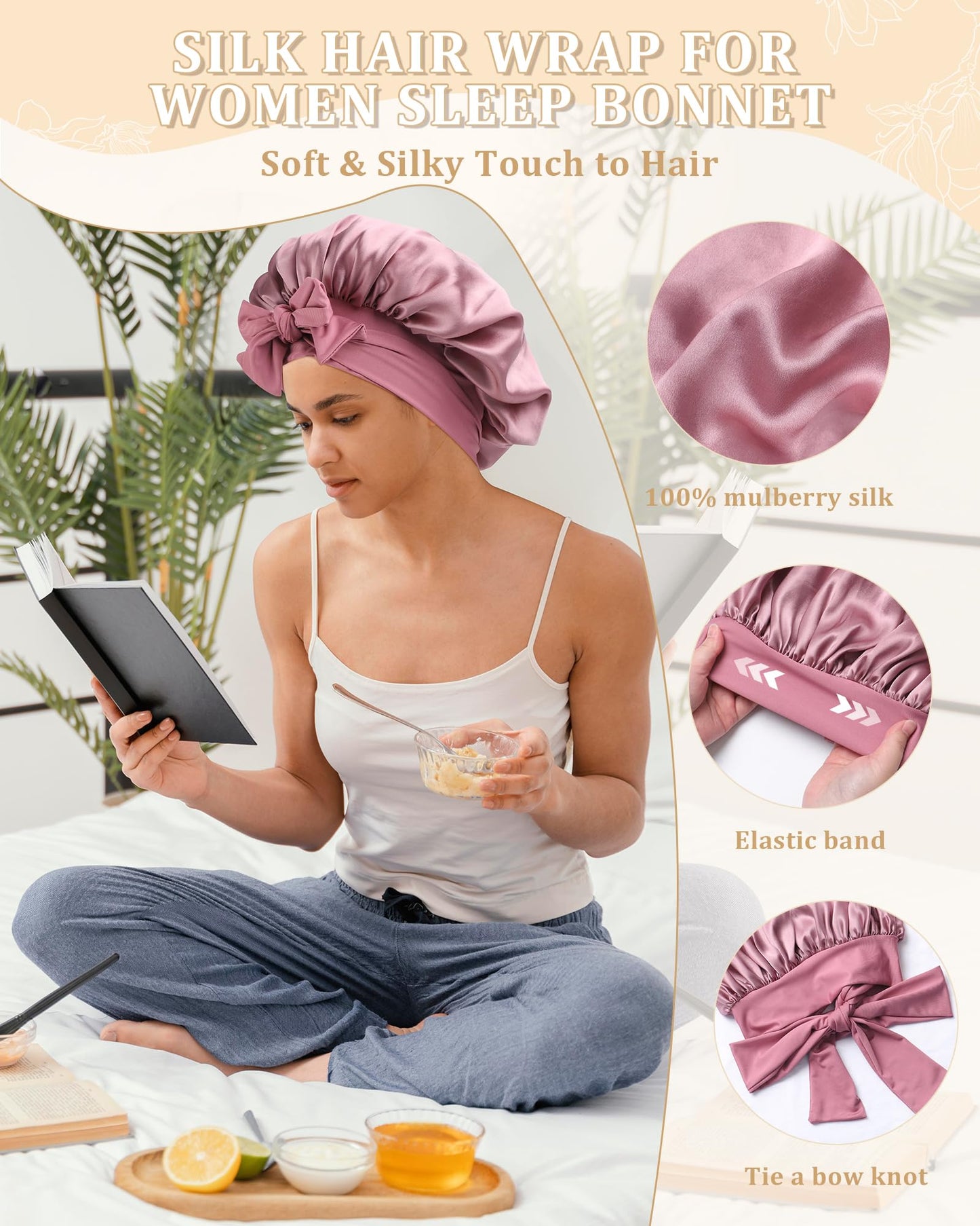 100% Mulberry Silk Bonnet for Women Hair Bonnet for Sleeping with Hair Scrunchy Elastic Tie Band Night Cap(Bean Paste)