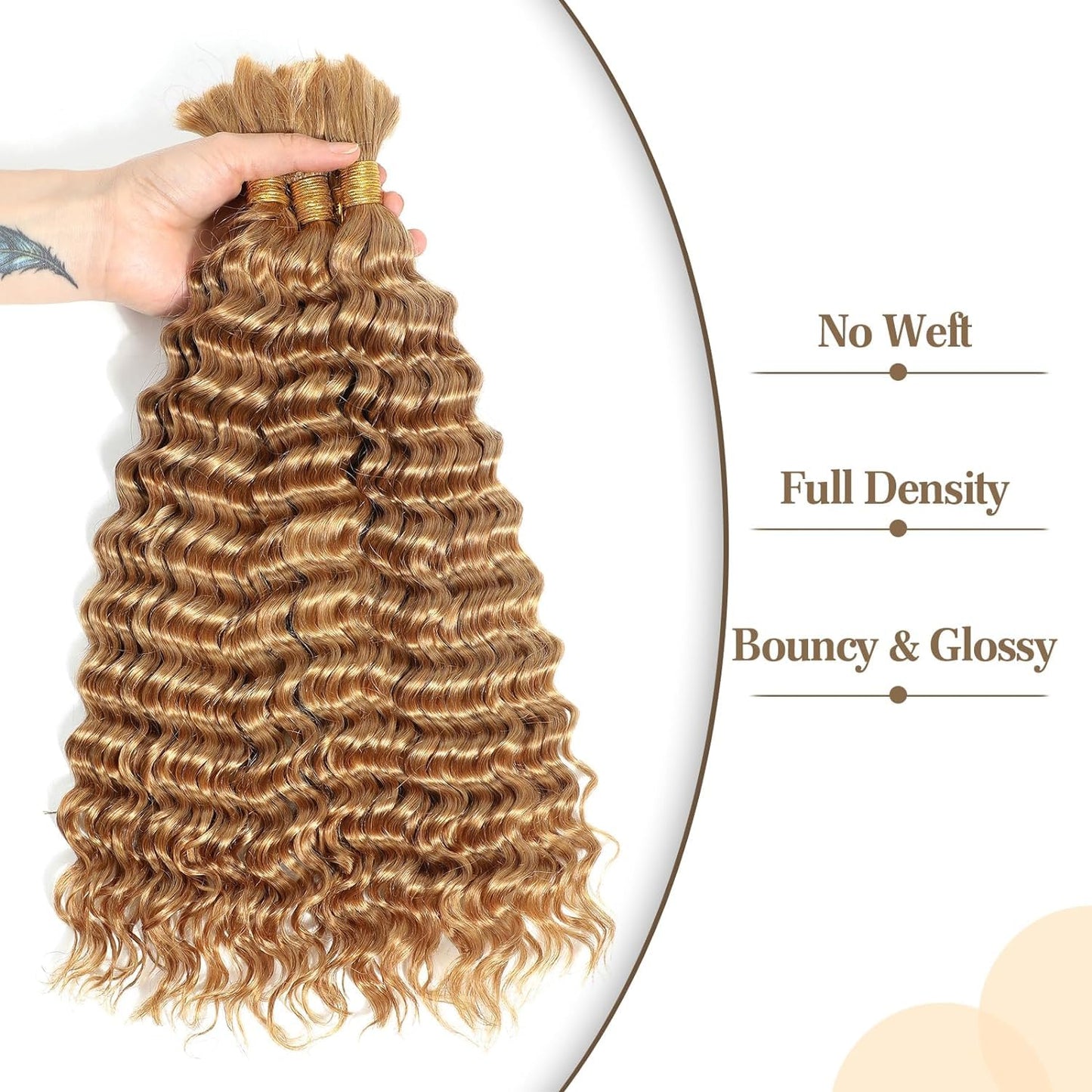 Xddnamei Deep Wave Human Braiding Hair 2 Bundles Total 100g 18 Inch 27# Honey Blonde Braiding Human Hair Brazilian Virgin Hair Bundles for Boho Braids