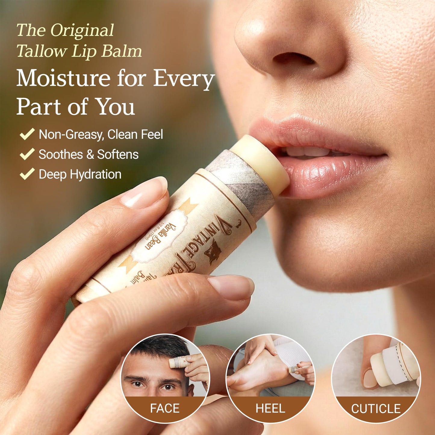 Vintage Tradition Moisturizing Beef Tallow Lip Balm – Tube Lip Moisturizer with Vanilla Extract Hydrates & Soothes Dry Lips – Grass-Fed Tallow Balm for Skin Care, 0.5 Fl. Oz.