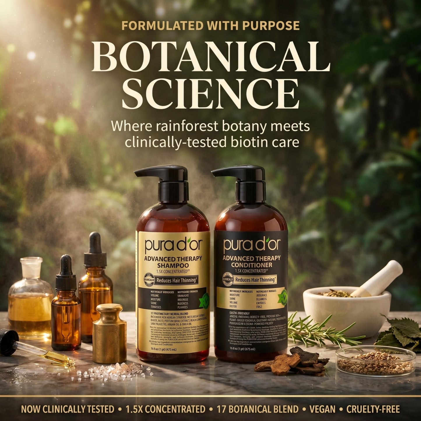 PURA D'OR Advanced Therapy Biotin Shampoo & Hair Regrowth Conditioner Set For Hair Thinning, CLINICALLY TESTED Effective Thickening Results, For Women & Men, Invigorating Forest Scent, 16oz x2
