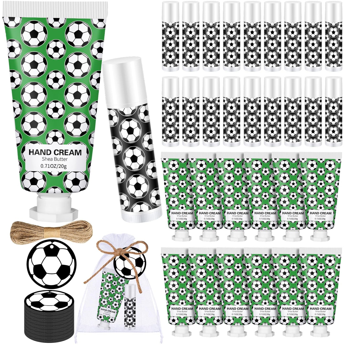 Heigble 144 Pcs Lip Balm Hand Cream Set Party Favors, Include 36 Lip Balm 36 Moisturizing Hand Cream 36 Bags 36 Cards and Ropes for Accessories Gifts(Black and Green,Soccer)