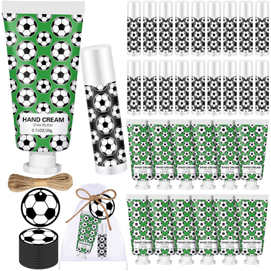Heigble 144 Pcs Lip Balm Hand Cream Set Party Favors, Include 36 Lip Balm 36 Moisturizing Hand Cream 36 Bags 36 Cards and Ropes for Accessories Gifts(Black and Green,Soccer)