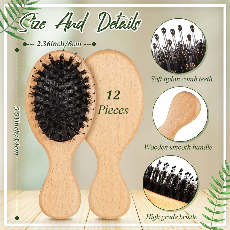 Tessco for you 12 Pcs Mini Hair Brush Bulk Mini Boar Bristle Hair Brush Wooden Paddle Travel Hairbrush DIY Gifts for Wedding Christmas Women Men Long Short Wet Dry Scalp Massage Anti Static