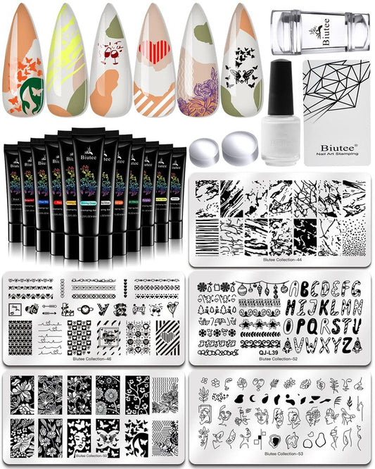 SEISSO 12 Colors Nail Stamping Polish Gels+5Pcs Stamp Print Templates+1 Peel Off Nail Tape Stamp Latex+1 Stamper with Scraper, Stamping Nail Polish Art Set Manicure Gift Collection