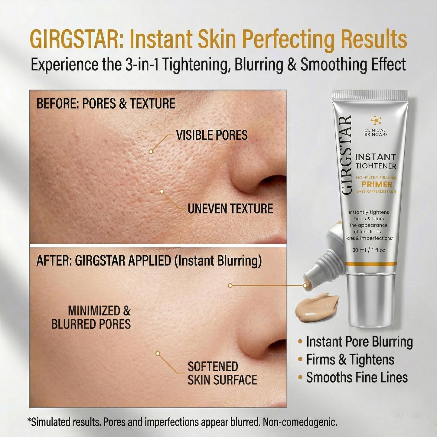 Girgstar Instant Face Blurring & Firming Primer for Face Before Makeup - Perfection Tightener Visibly Smooths the Look of Fine Lines, Wrinkles & Pores - Grips Makeup for Long Wear & Shine Control