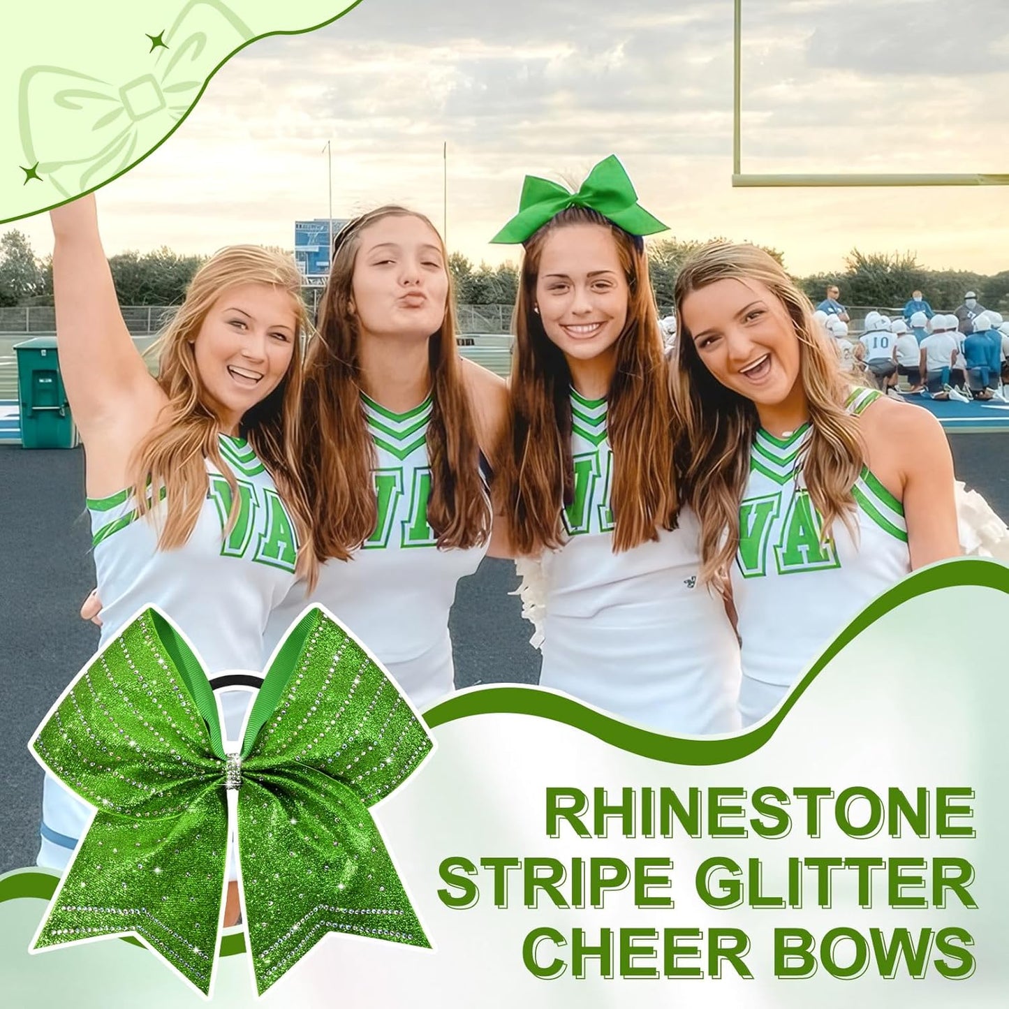 DEEKA 8PCS Green Stripes Glitter Cheer Bows - Iridescent Rhinestones | Large 8" Ponytail Holders for Cheerleaders & Sports