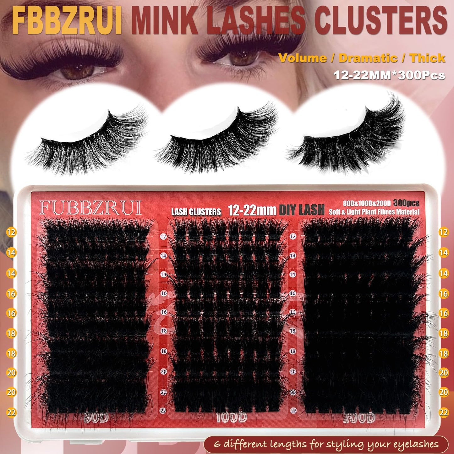 FUBBZRUI Lash Clusters D Curl 12-22mm Dramatic Long Individual Lashes Mega Volume Thick Eyelash Clusters DIY 80D 100D 200D