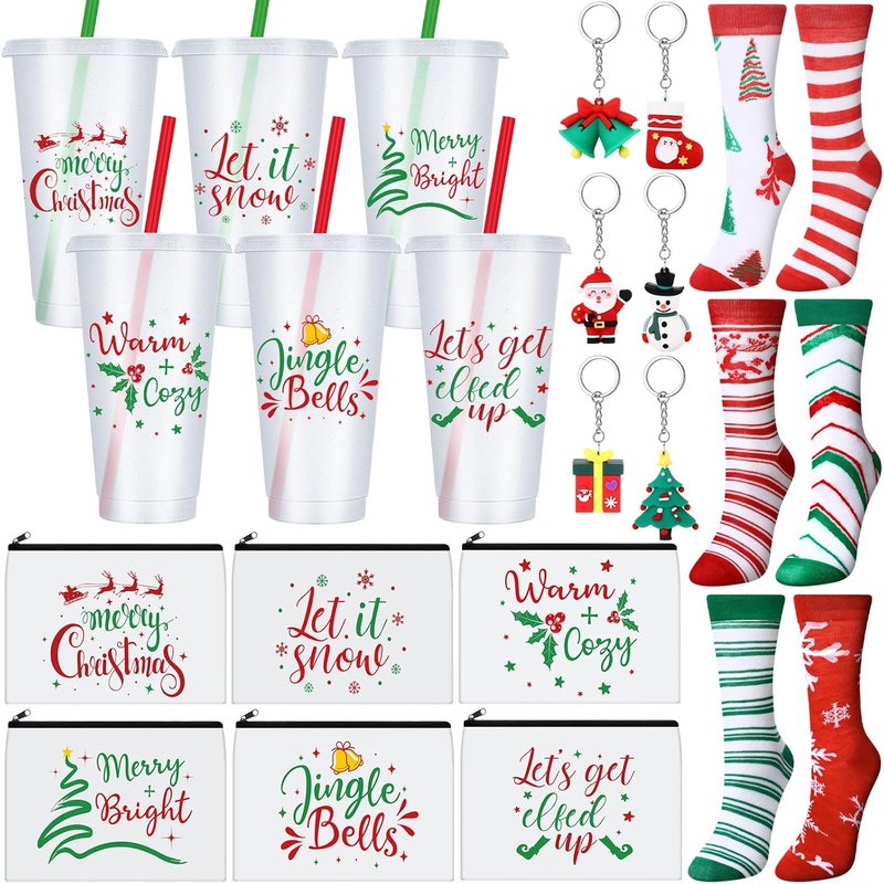 Christmas Gifts Set - 24 Oz Merry Christmas Plastic Tumblers with Lids & Straws | Makeup Bag, Crew Socks & Keychain for Holiday Parties