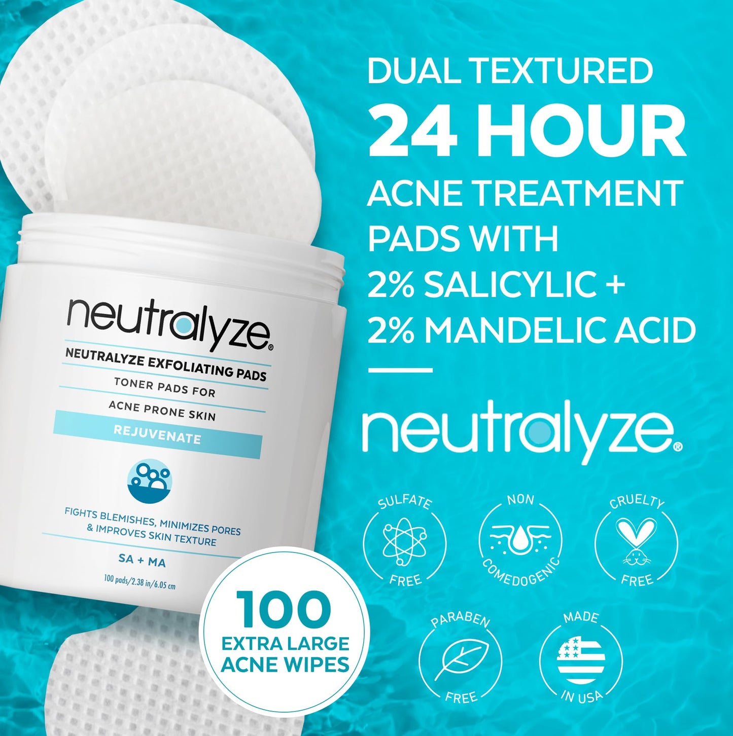 Neutralyze Acne Pads with DuoClear Acid System — 1% Salicylic + 1% Mandelic Dual-Textured Exfoliating Toner Pads for Face, Back & Body — Fragrance-Free, Alcohol-Free — Step 2 (100 ct)