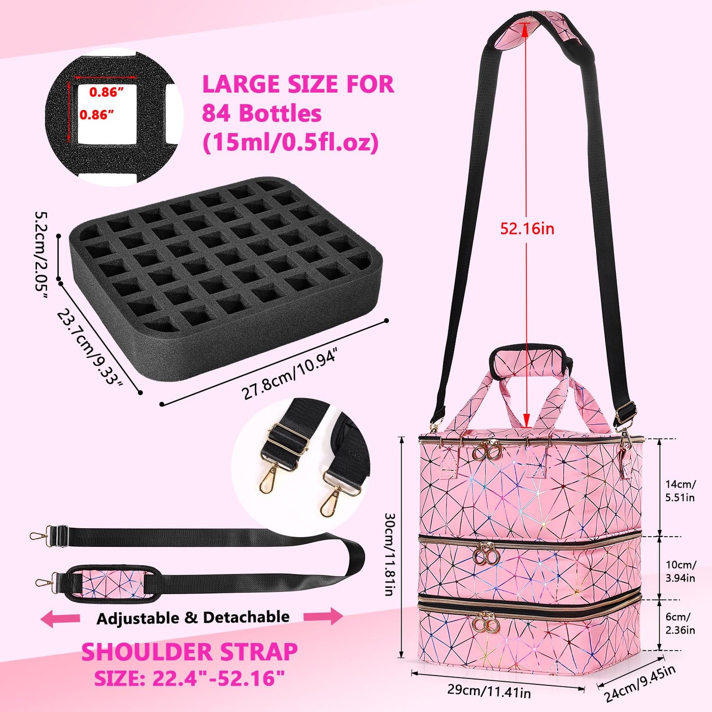 QIYFDDF Nail Polish Organizer Bag,3-layer Pink PU Leather Nail Organizer and storage,Holds 84 Bottles of Nail Polish and Nail Lamp,Large Holder Travel Carrying Case.