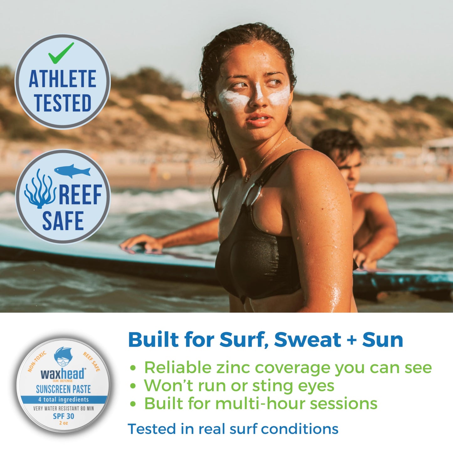 Waxhead Zinc Oxide Sunscreen Paste SPF 30, Nose Sunscreen Sunblock, Surf Lifeguard Face Protection, Reef Safe Mineral Formula for Sensitive Skin Kids, 80 Min Water Resistant, Travel Size 2 oz
