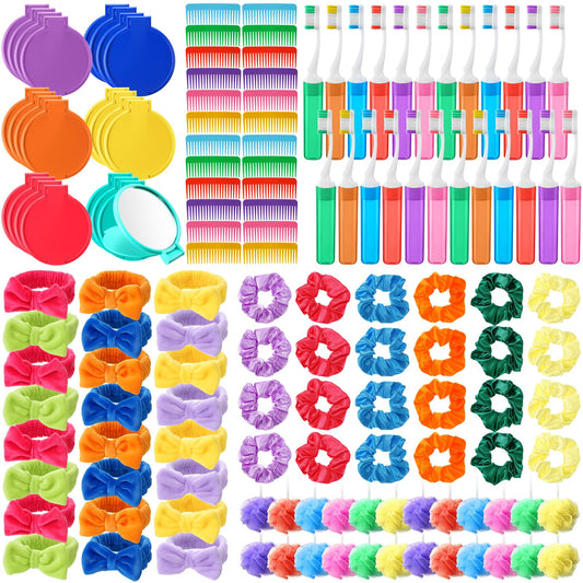 Seeloowy 144 Pcs Christmas Gifts Spa Party Favors Colorful Wide Tooth Combs Toothbrush Headbands Bath Loofah Shower Hair Rings Compact Mirrors for Stocking Stuffers Gifts Basket Sleepover Party