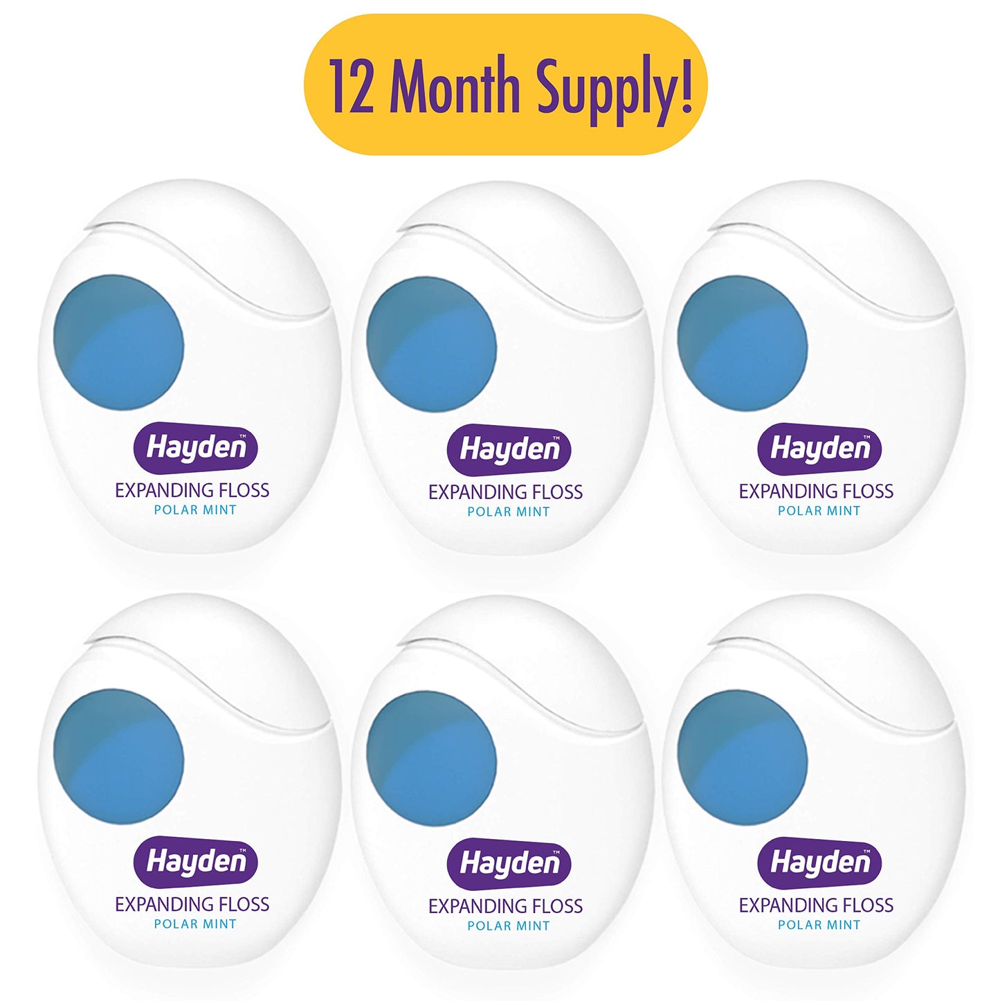 Hayden Expanding Dental Floss. Expands To Clean Between Tight Teeth. 6 Pack Value. Fresh Feeling Polar Mint Woven Floss. Anti Tartar Actives for Gentle Care. 180 Yards. Expandable Clean. PFA Free.