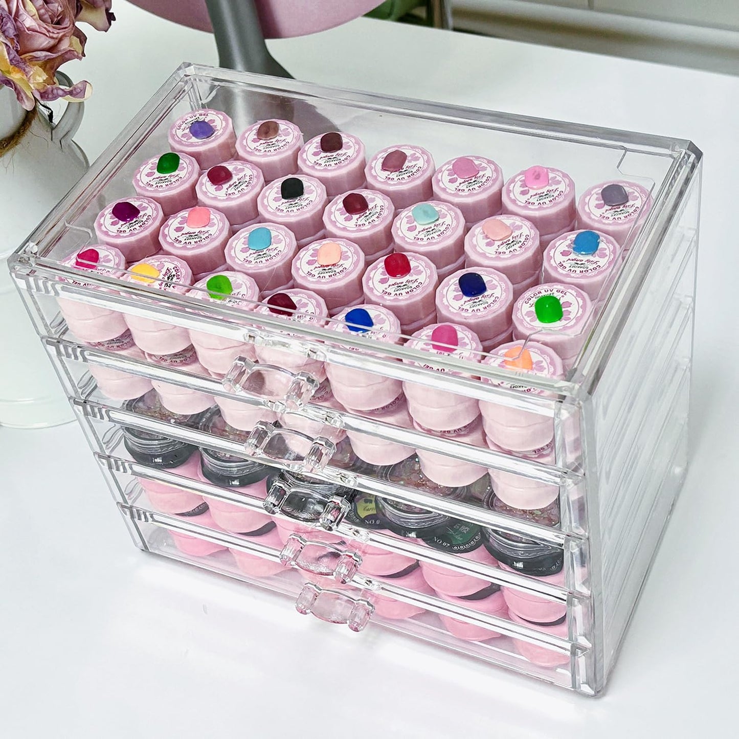 Guolich 5 Tier Nail Art Decoration Storage Box，Acrylic Make Up&Jewelry Organizer with Drawers, Cosmetic Storage for Dresser Countertop and Bathroom，Transparent Acrylic Nail Art Jewelry Accessories