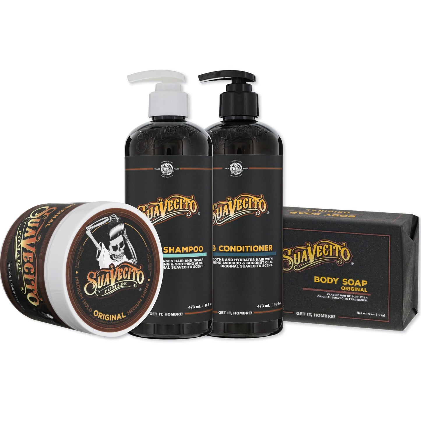 Suavecito Hair & Body Essentials Bundle: Original Hold Hair Styling Pomade, Moisturizing Body Soap, Hydrating Shampoo & Nourishing Conditioner