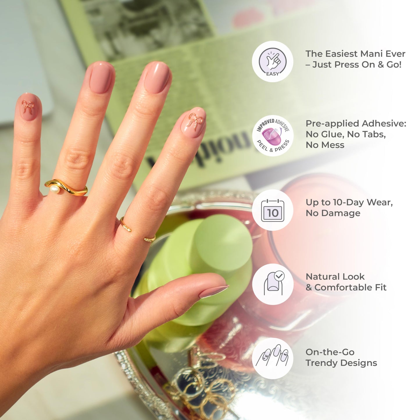 Kiss Impress No Glue Mani Press On Nails, Design, 'As It Was', Beige, Medium Size, Almond Shape, Includes 30 Nails, Prep Pad, Instructions Sheet, 1 Manicure Stick, 1 Mini File