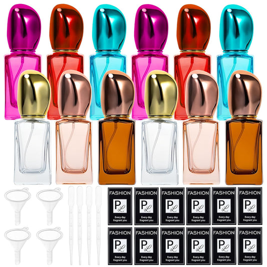 Yebeauty 12pcs 30ml Travel Perfume Bottles Empty, Portable Glass Perfume Spray Bottles Atomizer Sprayer Bottle for Perfume Cologne, 6 Colors