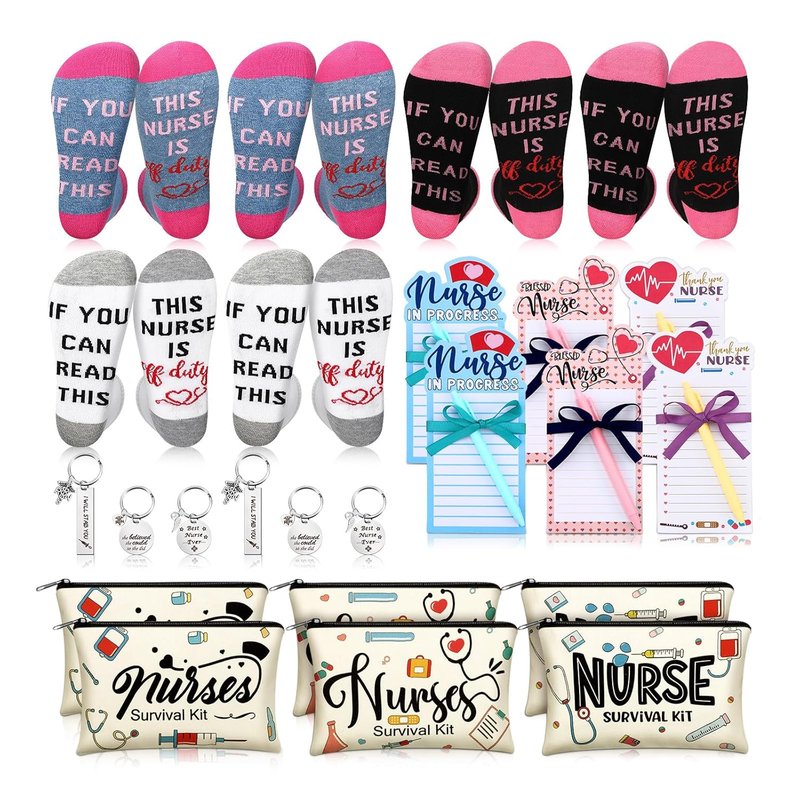 Nurse Appreciation Gifts - 36 Pcs Survival Kit with Socks, Makeup Bags, Keychains & Notepad | Perfect for Medical Staff