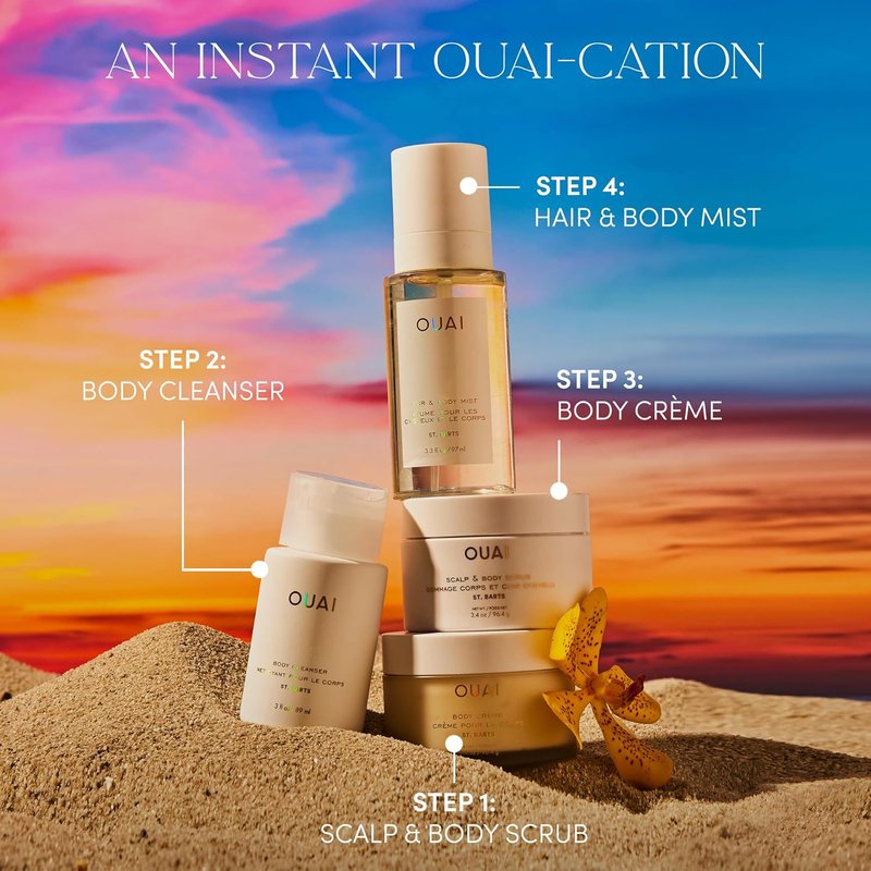 OUAI St. Barts Travel Bundle | Scalp & Body Scrub, Shower Gel, Hydrating Cream & Mist - 4 Travel Size Products (3.4 Oz)