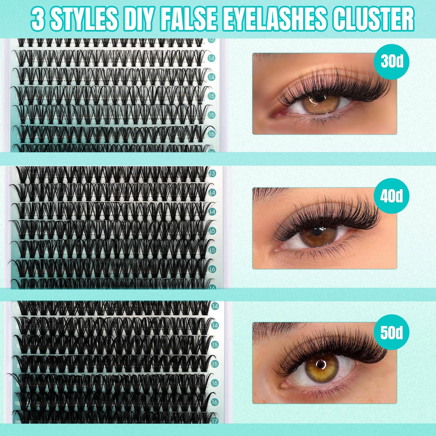 GEMERRY Lashes Clusters Kit Thick Lash Clusters 3 Styles 840Pcs Fluffy Lash Clusters Kit with Waterproof Bond and Seal Remover Tweezers for Beginners（30P+40P+50P）
