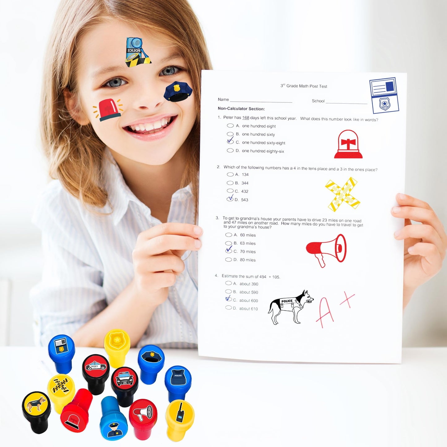 36PCS Police Party Favors - 24PCS Pre-Cut Temporary Tattoos & 12PCS Stamps - Ideal Police Officers Cops Themed Birthday Card Decorations Supplies Goodie Bag Kids Gifts Classroom Rewards Prizes