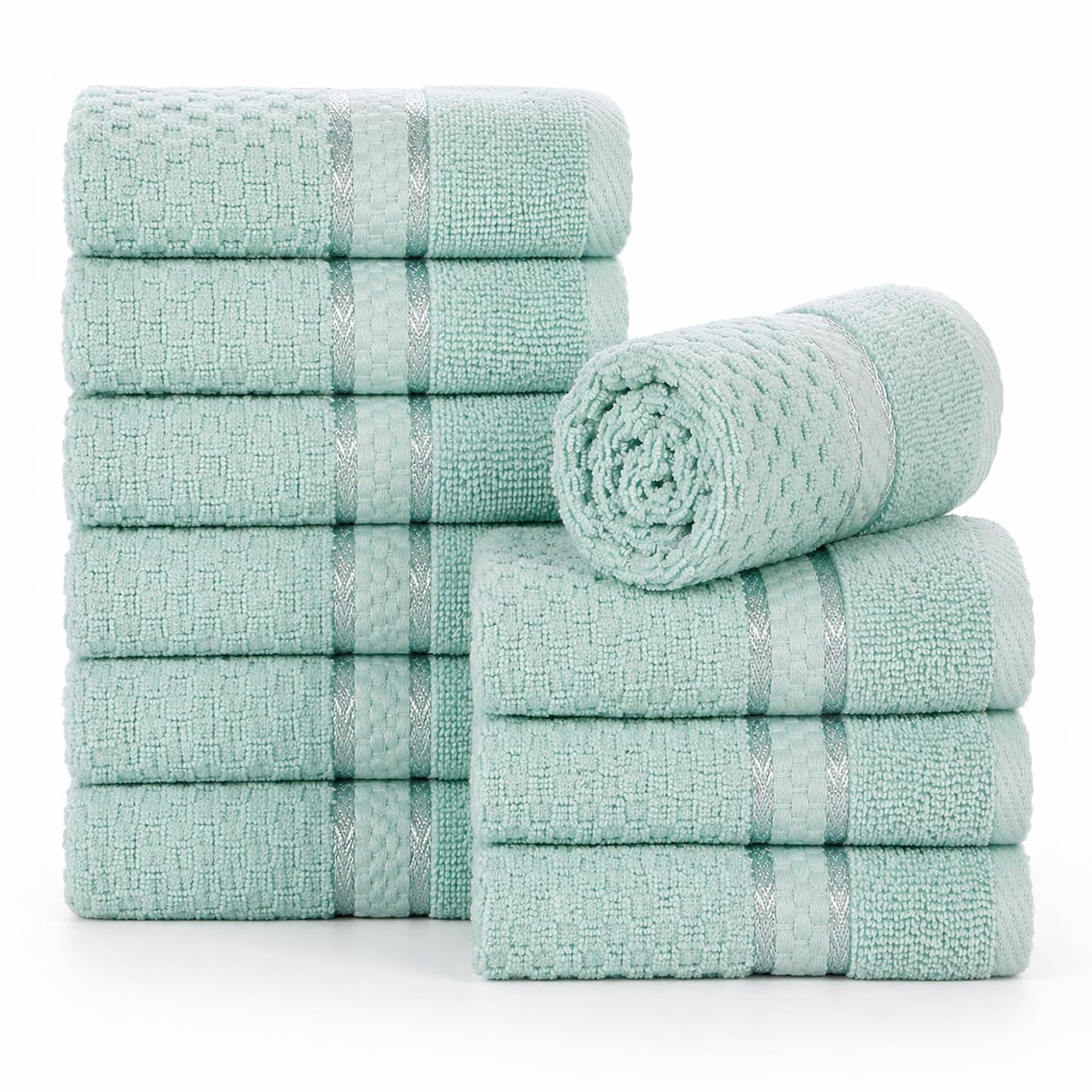 Ample Decor 100% Cotton Washcloths 12x12 Inches, Popcorn Textured, Soft & Absorbent, Quick Dry, Set of 10, Mint Green