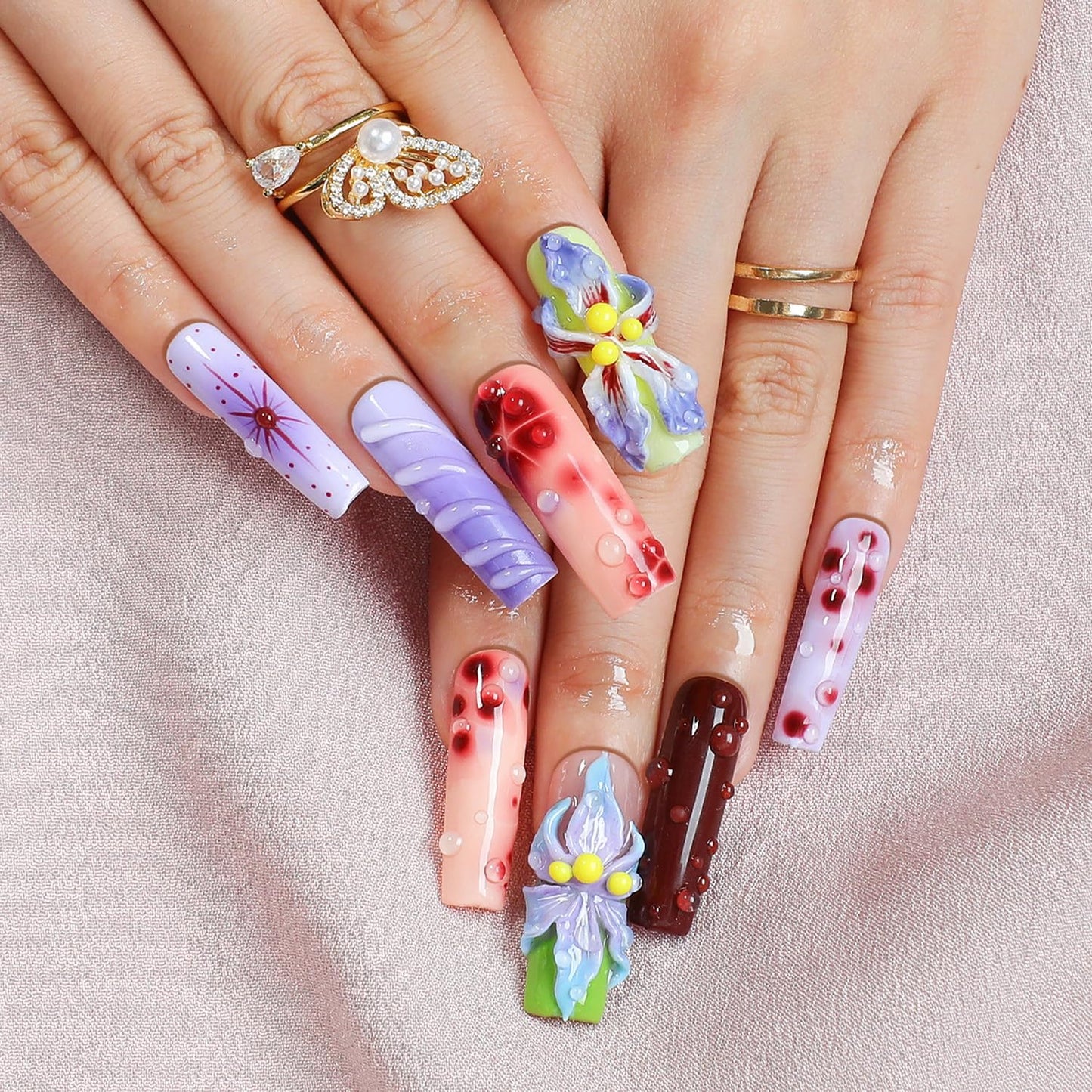 Handmade Flower Press On Nails - Gradient Floral 3D Waterdrop Design | Long Coffin Multicolor Acrylic Nails (Size M)