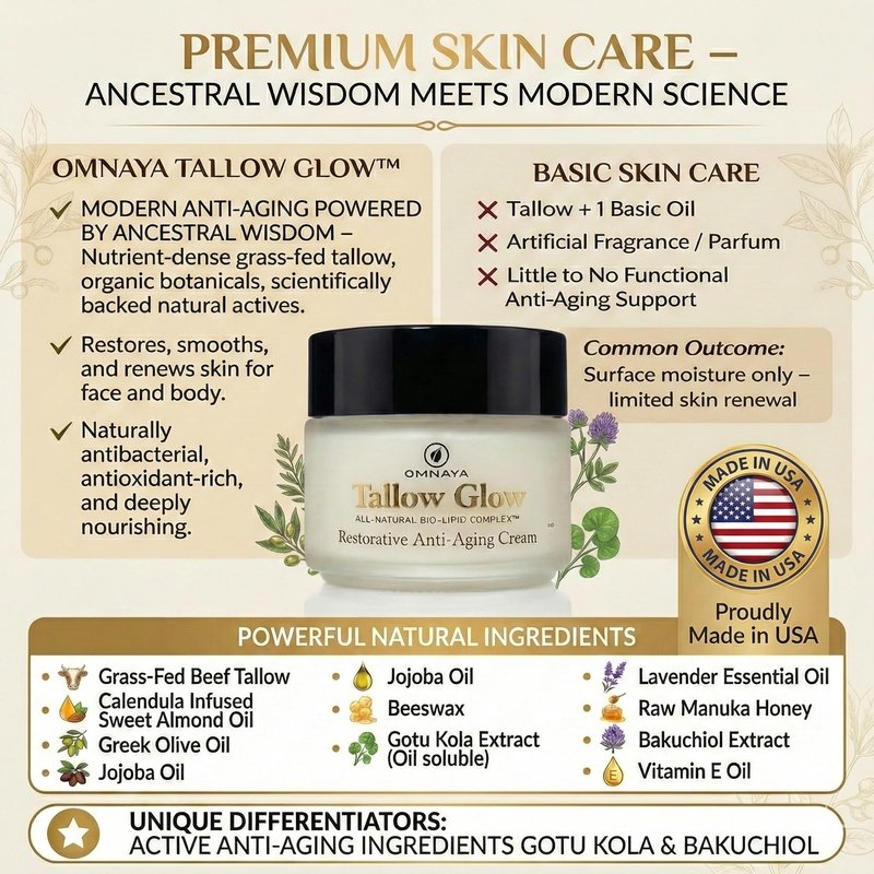 Organic Premium Grass-Fed Beef Tallow for Skin - With Bakuchiol & Gotu Kola for Anti-Aging, Face & Body Cream with Jojoba, Honey, Greek Olive Oil 4oz