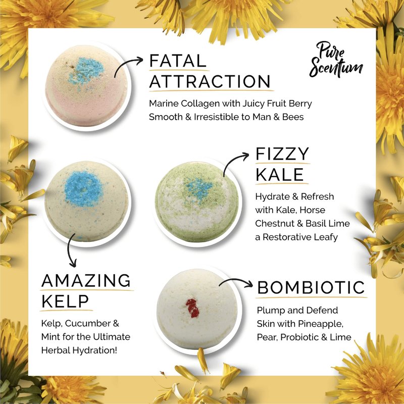 Pure Scentum Bombceutical - Bath Bombs for Women - Soothes Acne, Dermatitis, and Eczema - Relaxing Bath Bomb Gift Set for Women with Kale, Kelp, Collagen, and Probiotic to Nourish The Skin