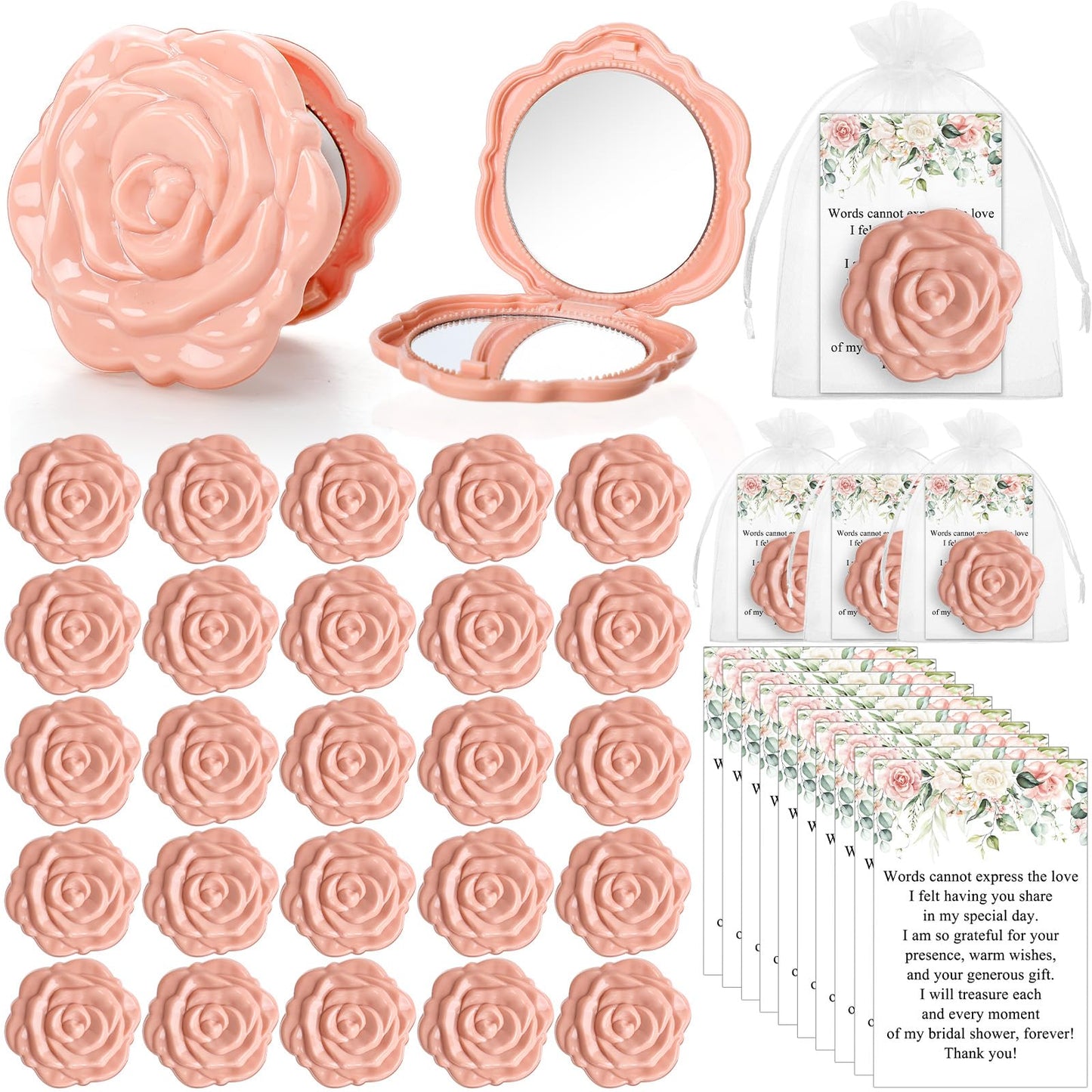 FoldTier 50 Sets Bridal Shower Party Favors for Guests Small Rose Compact Mirror Bulk Wedding Favors Thank You Cards and Organza Bags Wedding Party Guests Souvenir Gift (Pink Champagne)