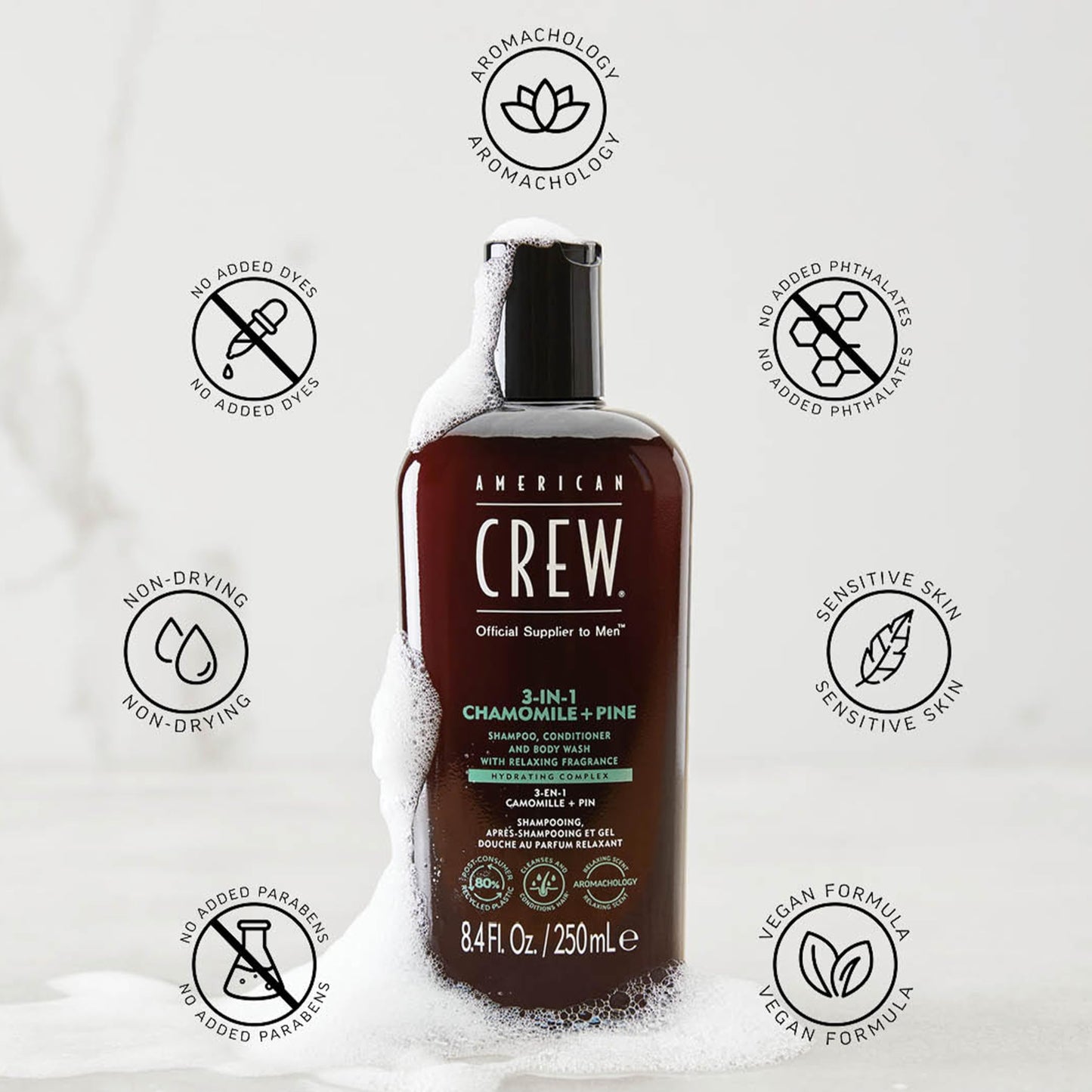 AMERICAN CREW 3-in-1 Chamomile & Pine, Shampoo, Conditioner & Body Wash for Men, All-in-One Care with Calming and Relaxing Fragrance, 33.8 fl oz