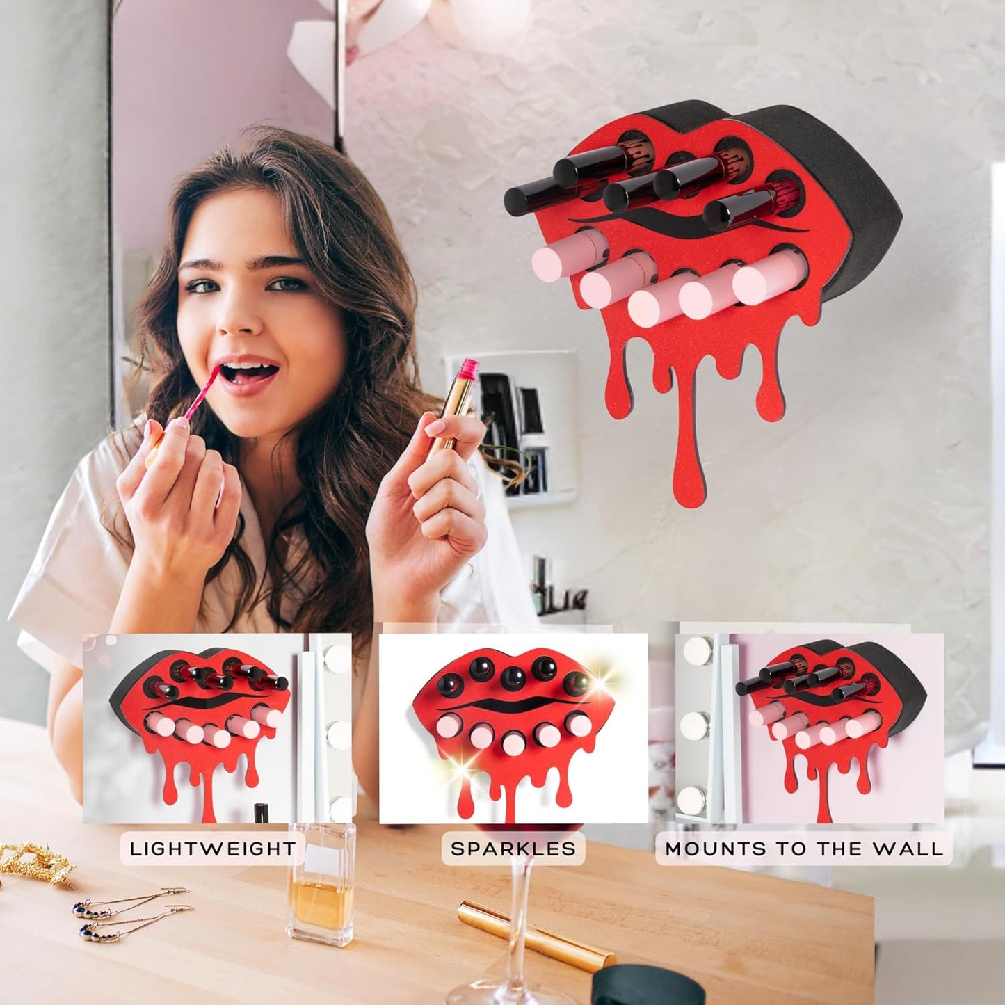 Fearless Lipstick Organizer - Acrylic Wall-Mounted Makeup Holder for Women | Holds 10 Lipsticks (Red Shimmer)