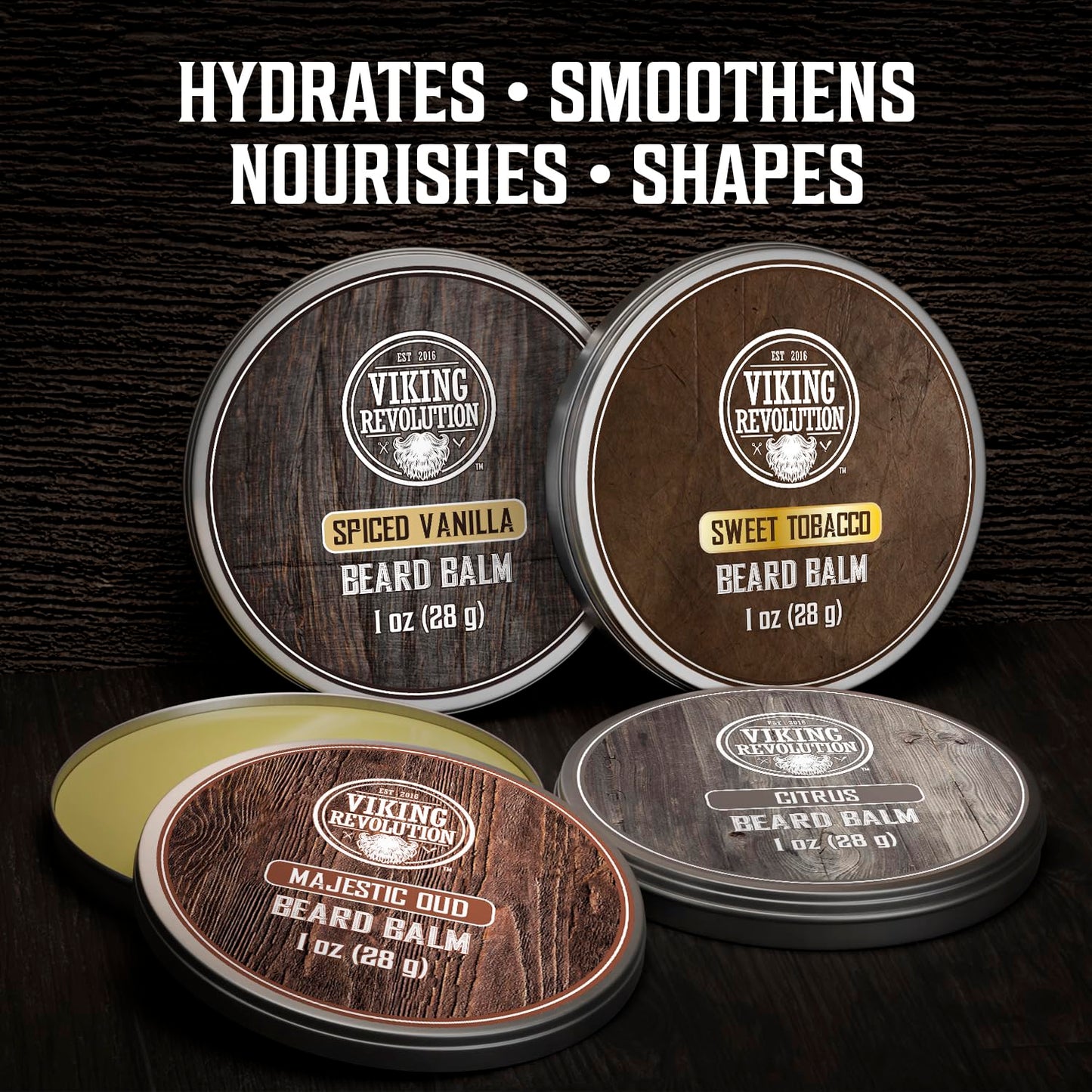 Viking Revolution Beard Balm Variety Pack (1oz each) - Styles, Strengthens and Softens Beards - Sandalwood, Pine & Cedar, Bay Rum, Clary Sage, Spiced Vanilla, Sweet Tobacco, Majestic Oud, Citrus